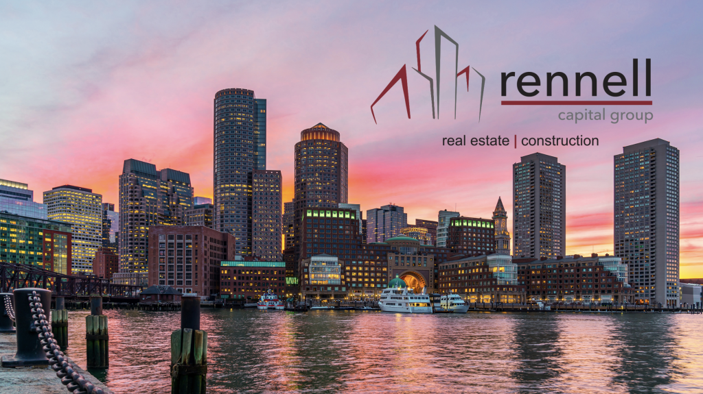 Boston City Skyline above the harbor water at sunset with Rennell Capital Group logo